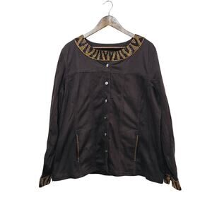 The Quacker Factory Brown Denim Jacket Size XL Animal Print Embellished Pockets